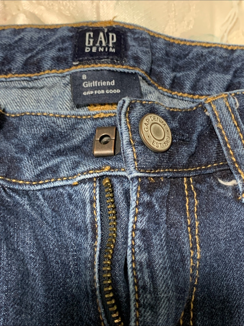 GAP Dark Blue Denim Girlfriend Jeans with Gold Stitching For Girls